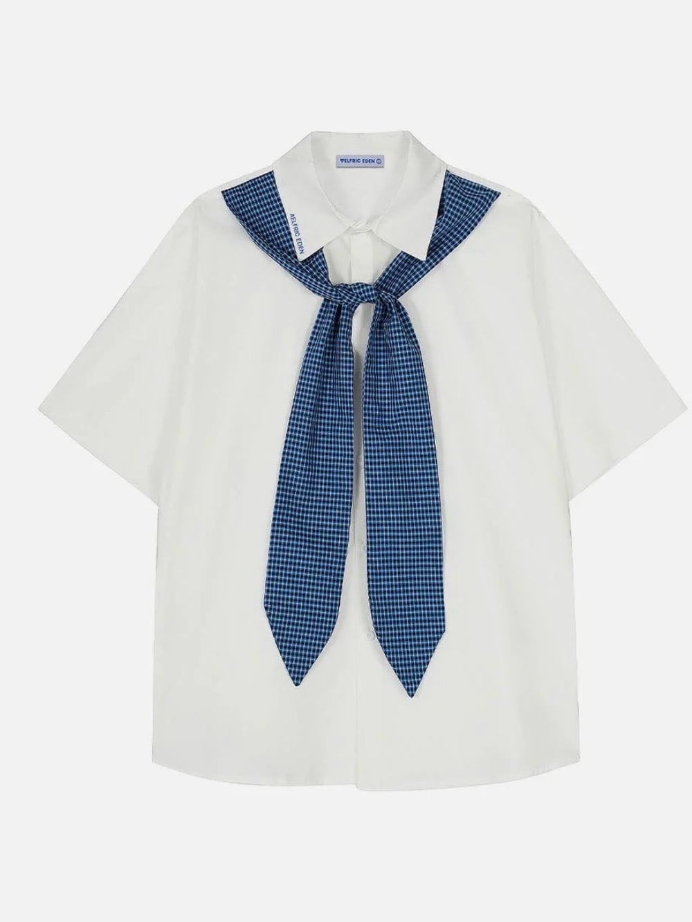 Aelfric Eden White Short-Sleeve Shirt with Blue Gingham Neck Tie